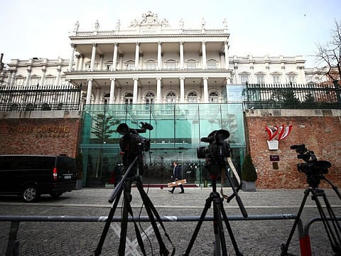Cameras stand outside Palais Coburg, the site of a meeting of the Joint Comprehensive Plan of Action (JCPOA), in Vienna, Austria.