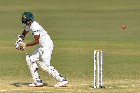 Bangladesh's Taijul Islam plays a shot on the fourth day of the first Test cricket match between Bangladesh and Pakistan at the Zahur Ahmed Chowdhury Stadium in Chittagong.