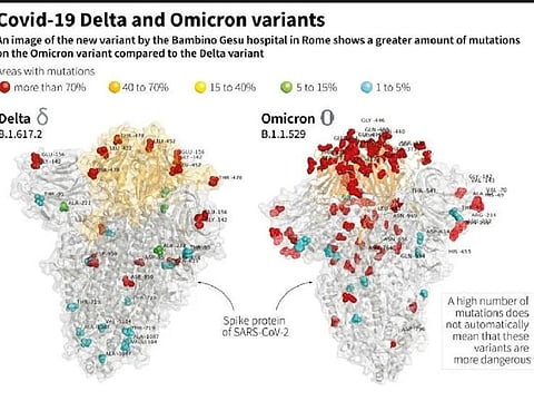 DELTA VS OMICRON: Images of the Delta and Omicron variants from the Bambino Gesu hospital in Rome, showing mutations compared to the original SARS CoV-2 spike.