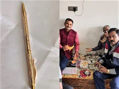 The ACB sleuths during the raid on the house of Rajesh and the pen made of gold.