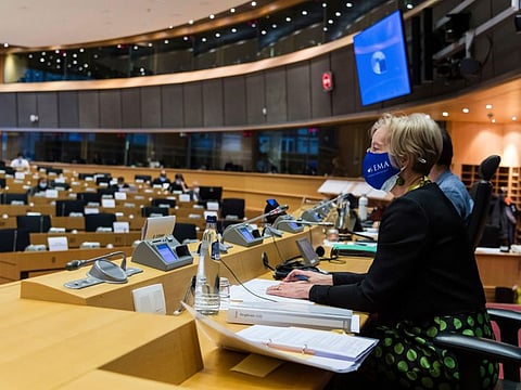 Executive Director of the European Medicines Agency (EMA) Emer Cooke speaks during an Environment, Public Health and Food Safety (ENVI) Committee at the European parliament in Brussels, on November 30, 2021. Cooke gave an update on the situation around COVID-19 vaccines, including reviews, authorizations for pediatric use and boosters, as well as recent developments in COVID-19 therapeutics and the general epidemiological situation in the EU.