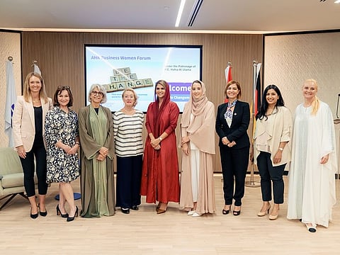 Hafsa Al Ulama - UAE Ambassador to Germany (3rd from left) along with speakers and guests at the AHK Business Women Forum at Expo 2020 Dubai.