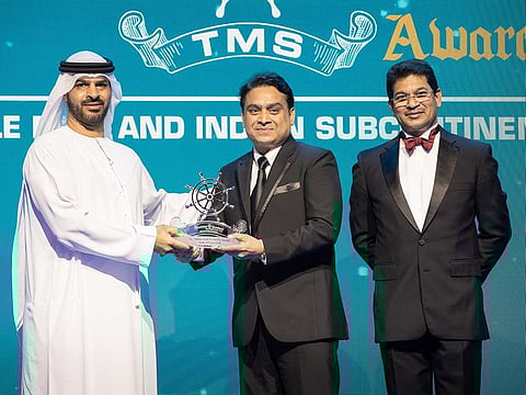 Capt. Abdulkareem Al Masabi, CEO, ADNOC Logistics & Services, presented the award to Ajit Tharoor(CEO) of Atom Alloys.