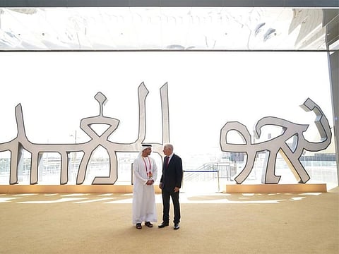 Israel Ambassador to the UAE Amir Hayek (right) with UAE Ambassador to Israel Mohamed Al Khaja at the Israel pavilion at Expo 2020 Dubai.