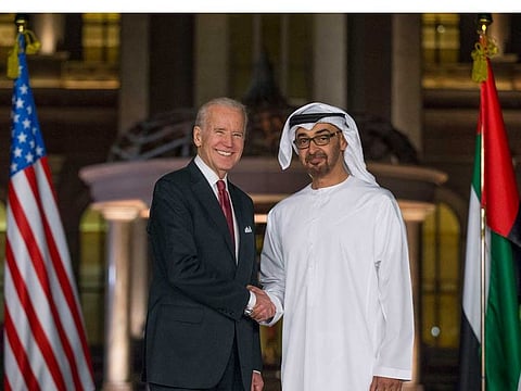 In this 2016 photo His Highness Shaikh Mohammad Bin Zayed Al Nahyan, Crown Prince of Abu Dhabi and Deputy Supreme Commander of the UAE Armed Forces, welcomes Joe Biden, then Vice President and current President of the US to a dinner meeting at Emirates Palace