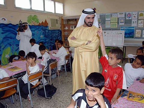 His Highness Shaikh Mohammad Bin Rashid Al Maktoum, Vice President and Prime Minister of the UAE and Ruler of Dubai, spends time with children during his visit to some of the schools in Fujairah. Education is seen as the route to develop the nation’s economy outside the hydrocarbons sector