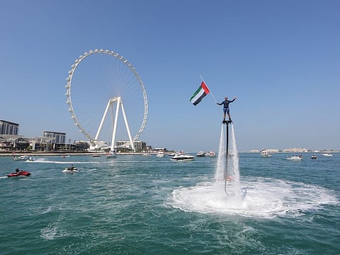 Paying special tributes to UAE’s 50th anniversary a 50-metre long flag was hoisted from a yacht docked close to Dubai’s Bluewater’s Island, that symbolised UAE’s glorious journey.