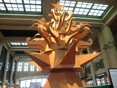 'The Giving Tree,' a Christmas tree display made out of cardboard at Asbury Park NJ's Convention Hall.