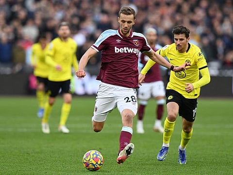 West Ham United's Czech midfielder Tomas Soucek controls the ball during the English Premier League match against Chelsea at The London Stadium, in east London. West Ham won 3-2.