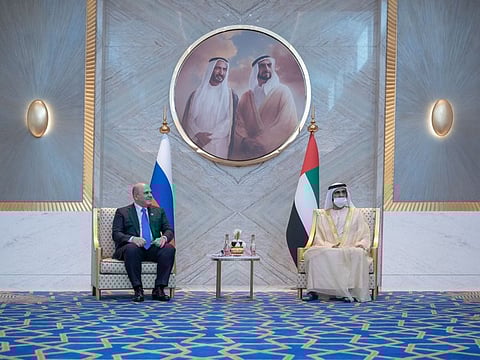 His Highness Sheikh Mohammed bin Rashid Al Maktoum, Vice-President and Prime Minister of the UAE and Ruler of Dubai, with Russian Prime Minister Mikhail Mishustin in Dubai today.