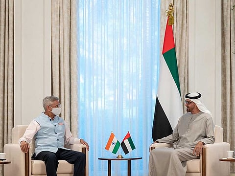His Highness Sheikh Mohamed bin Zayed Al Nahyan (right), Crown Prince of Abu Dhabi and Deputy Supreme Commander of the UAE Armed Forces, with Subrahmanyam Jaishankar, Minister of External Affairs of India, at Al Shati Palace.