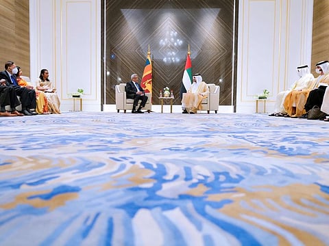 Sheikh Maktoum bin Mohammed bin Rashid Al Maktoum, Deputy Ruler of Dubai, Deputy Prime Minister and Minister of Finance, with Gotabaya Rajapaksa, the President of Sri Lanka, in Dubai today.