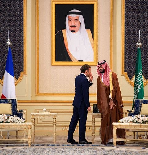 French President Emmanuel Macron during his talks with Saudi Crown Prince Mohammed bin Salman in Jeddah on December 4, 2021.