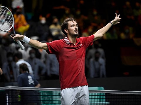 Russia's Daniil Medvedev celebrates at the end of the men's singles semi-final tennis match between Russia and Germany of the Davis Cup tennis tournament at the Madrid arena in Madrid.