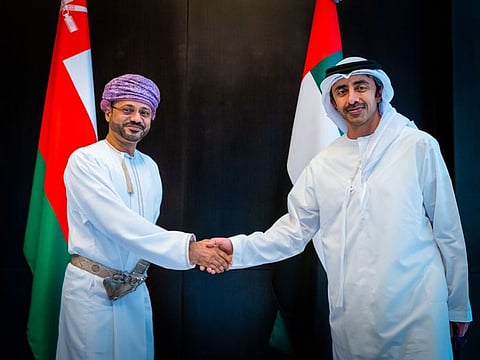 Sheikh Abdullah bin Zayed Al Nahyan (right) meeting Sayyid Badr bin Hamad bin Hamoud al-Busaidi in Abu Dhabi