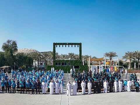 Sheikh Hamdan bin Mohammed bin Rashid Al Maktoum (centre) honours 'Day for Dubai' volunteers at Expo 2020 Dubai