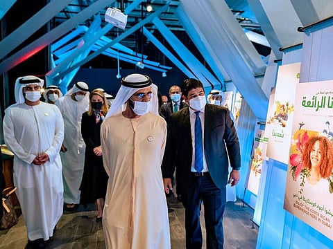 Sheikh Mohammed bin Rashid Al Maktoum (centre) with Carlos Alvarado Quesada (right), President of Costa Rica, at the country’s pavilion at Expo 2020 Dubai on Monday