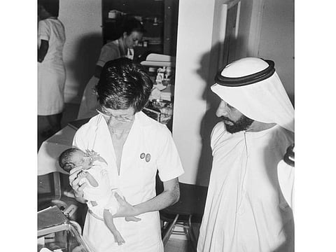 Founding Father of the UAE Shaikh Zayed Bin Sultan Al Nahyan at Corniche Hospital in Abu Dhabi in 1977. The UAE has steadily built a robust healthcare system in the past five decades