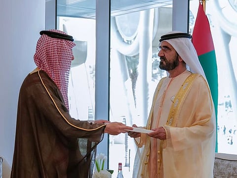 Sheikh Mohammed bin Rashid Al Maktoum (right) receives letter from the Custodian of the Two Holy Mosques King Salman bin Abdulaziz of Saudi Arabia. Sheikh Mohammed receives Saudi Minister of Foreign Affairs His Highness Prince Faisal bin Farhan Al Saud.
