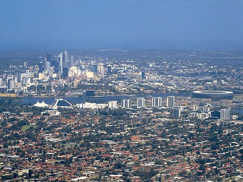 The newly completed Perth Stadium can be seen near the Crown Casino and central business district (CBD) of Perth in Australia.