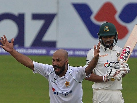 Sajid Khan, Pakistan's destroyer-in-chief, appeals for the dismissal of Bangladesh's Najmul Hossain Shanto during the fourth day of the second Test at the Sher-e-Bangla National Cricket Stadium in Dhaka on Tuesday.
