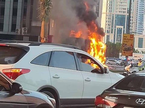 A truck carrying vegetables caught fire near the Qasba bridge in Sharjah today.