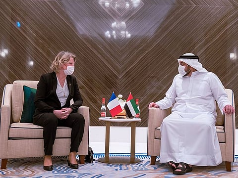 Sheikh Ahmed bin Mohammed bin Rashid Al Maktoum, President of the UAE National Olympic Committee (NOC) meets with Brigitte Henriques, President of the French National Olympic and Sports Committee, at Expo 2020 Dubai.