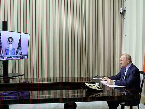 Russian President Vladimir Putin is shown during his talks with U.S. President Joe Biden via videoconference in the Bocharov Ruchei residence in the Black Sea resort of Sochi, Russia, Tuesday, Dec. 7, 2021.