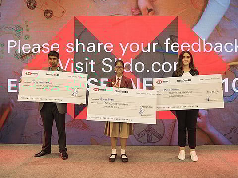 (left to right) Tanay Jagannathan, Sreya Binesh and Maria Falaknaz each won Dh25,000 from HSBC to help them turn their ideas into reality, under its ‘NextGen10’ contest