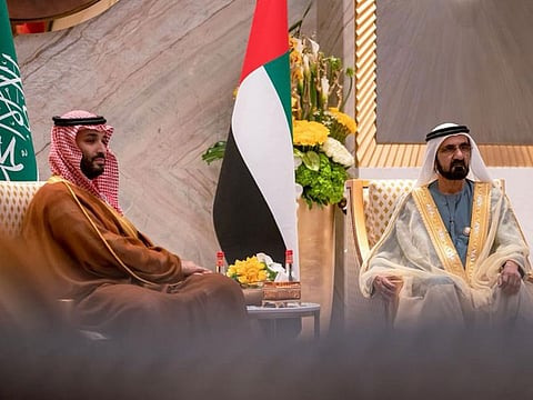 Sheikh Mohammed bin Rashid Al Maktoum (right) meeting Saudi Arabia’s Crown Prince Mohammed bin Salman at Expo 2020 Dubai on Wednesday