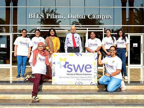 Dr. R. Swarnalatha, Faculty In-Charge (4th from the left) and Prof. Srinivasan Madapusi, Director , BITS Pilani, Dubai Campus (5th from the left) with other members of SWE at the campus