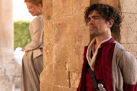 Haley Bennett as Roxanne and Peter Dinklage as Cyrano in 'Cyrano'.