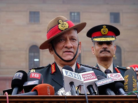 General Bipin Rawat, India's chief of defence staff, speaks to members of the media at South Block of the Central Secretariat building in New Delhi on Dec. 31, 2019.
