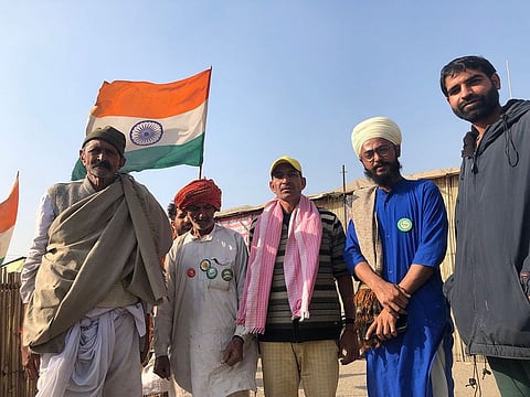 Indian farmers (from left) Randheer Singh, Bhartha Dhanda, Virender Kundu, Harpreet Singh and Jasbir Narwar at the Singhu Border, near New Delhi.