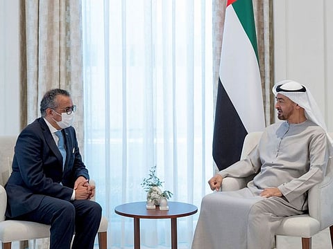 Sheikh Mohamed bin Zayed Al Nahyan (right) meeting Dr Tedros Adhanom Ghebreyesus, Director-General of World Health Organisation, in Abu Dhabi on Saturday