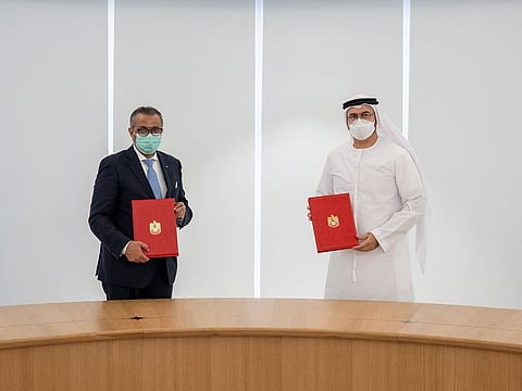 Mohammad Al Gergawi (right) and Dr Tedros Ghebreyesus launching the UAE-WHO partnership in Dubai on Sunday