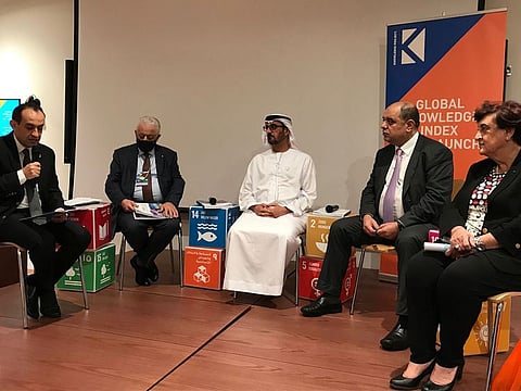 Hussain Al Hammadi, Minister of Education (centre) and other officials during a panel discussion at the launch of the Global Knowledge Index 2021 at Expo 2020 Dubai on Monday