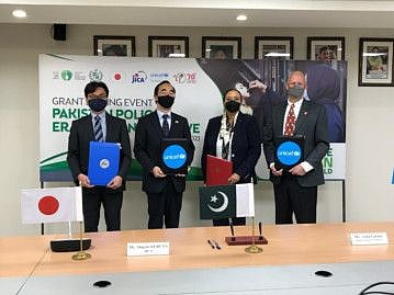 Ambassador of Japan Wada Mitsuhiro, National Coordinator of the Pakistan Polio Eradication Programme, Dr Shahzad Baig, Unicef Representative in Pakistan Aida Girma on the occasion of the signing ceremony for handing of Japan's aid to be utilized against poliovirus in Pakistan.