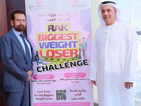 Dr Raza Siddiqui, excutive director RAK Hospital, with Khalid Abdulla Al Shehhi, Director of the Representative Office, Ministry of Health and Prevention, during the announcement of the ‘RAK Biggest Weight Loser Challenge’