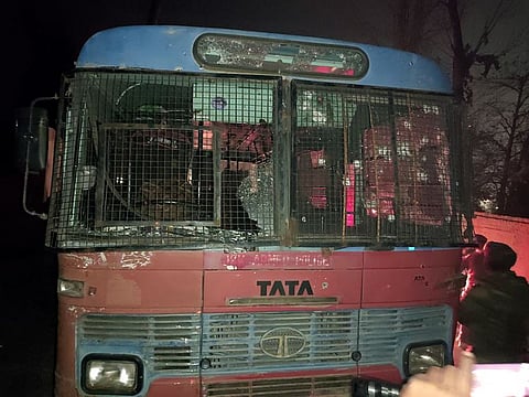 Terrorists fired upon a police vehicle near Zewan in the Pantha Chowk area of Srinagar on Monday.