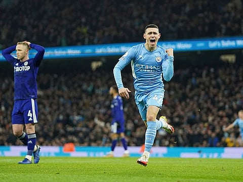 Manchester City's Phil Foden celebrates after scoring the opening goal of seven against Leeds.