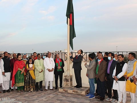 Bangladeshis gather for a flag-hoisting ceremony to celebrate 50 years of their homeland on the country’s 50th Victory Day at Bangladesh Embassy in Abu Dhabi on Thursday.