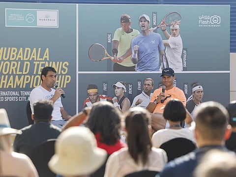 Rafael Nadal, interviewed by Marcos Baghdatis, takes questions from fans in the lively MWTC Tennis Village.