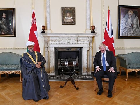 Boris Johnson, UK prime minister with Haitham bin Tariq, Oman's sultan, during their bilateral meeting inside number 10 Downing Street in London, on Thursday.