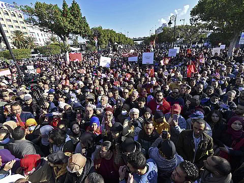 Supporters of the "Citizens Against Coup" campaign demonstrate against President Kais Saied on Friday in the capital Tunis.