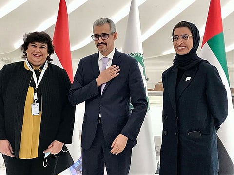 (L to R) Dr Ines Abdel-Dayem, Minister of Culture of the Arab Republic of Egypt; Dr Mohamed Ould Amar, Director-General of Arab League Educational Cultural and Scientific Organisation; and Noura Al Kaabi, Minister of Culture and Youth and Chair of the 22nd Session of the Conference of Arab Culture Ministers, on Saturday at a media briefing at UAE Pavilion at Expo 2020 Dubai