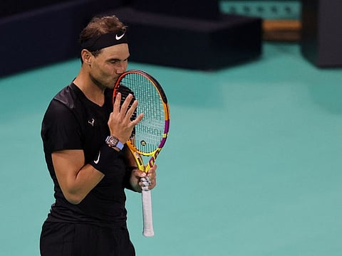Spain's Rafael Nadal reacts during his third place play-off match against Canada's Denis Shapovalov in Abu Dhabi on Saturday.
