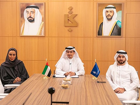 Ahmed bin Rakkad Al Ameri, Chairman of SBA (centre), accompanied by Khoula Al Mujaini (left), Director of Fairs and Festivals, SBA; and Mansour Al Hassani (right), Head of Sales, SBA, during the virtual meeting with Rimini Meeting