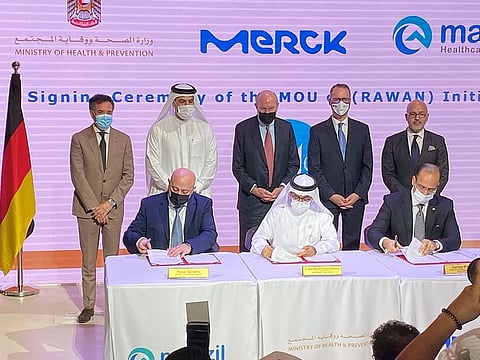 The tripartite memorandum of understanding (MoU) was signed between UAE Ministry of Health and Prevention (MoHAP), Merck Serono Middle East and Al Manzil Healthcare Services, at the Germany Pavilion in Expo 2020 Dubai today.