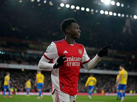 Arsenal's Eddie Nketiah celebrates after scoring his side's third goal.